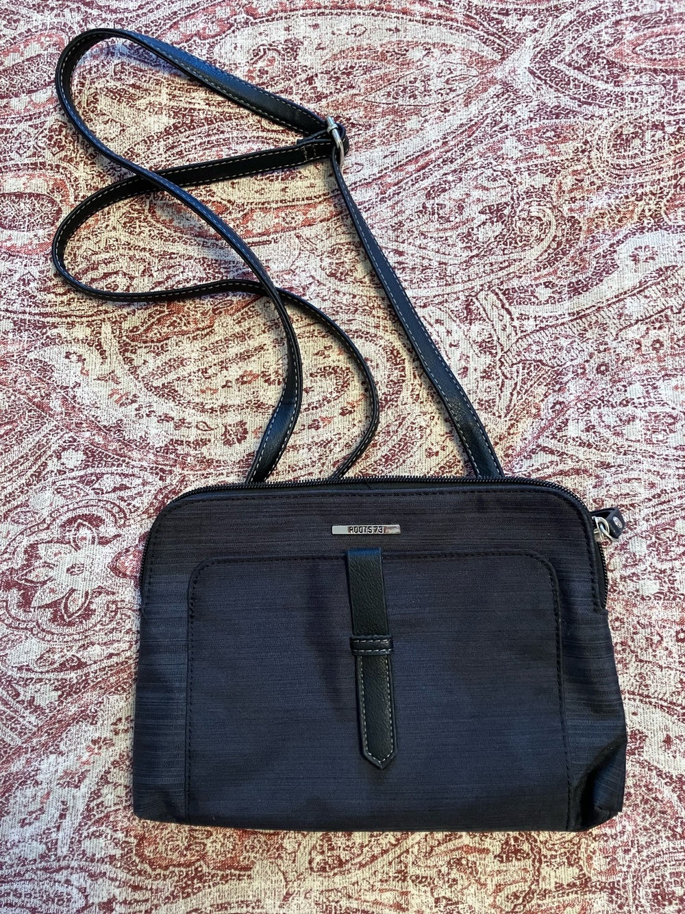 Roots 73 Nylon & Leather Black Crossbody Bag